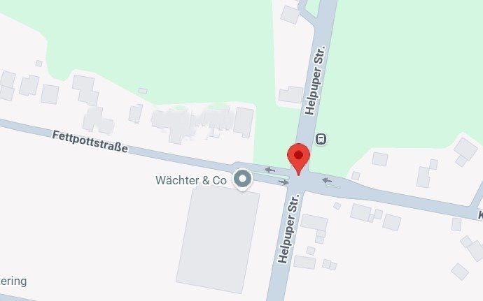 Kartenausschnitt mit rotem Marker an der Kreuzung Fettpottstraße und Helpuper Straße