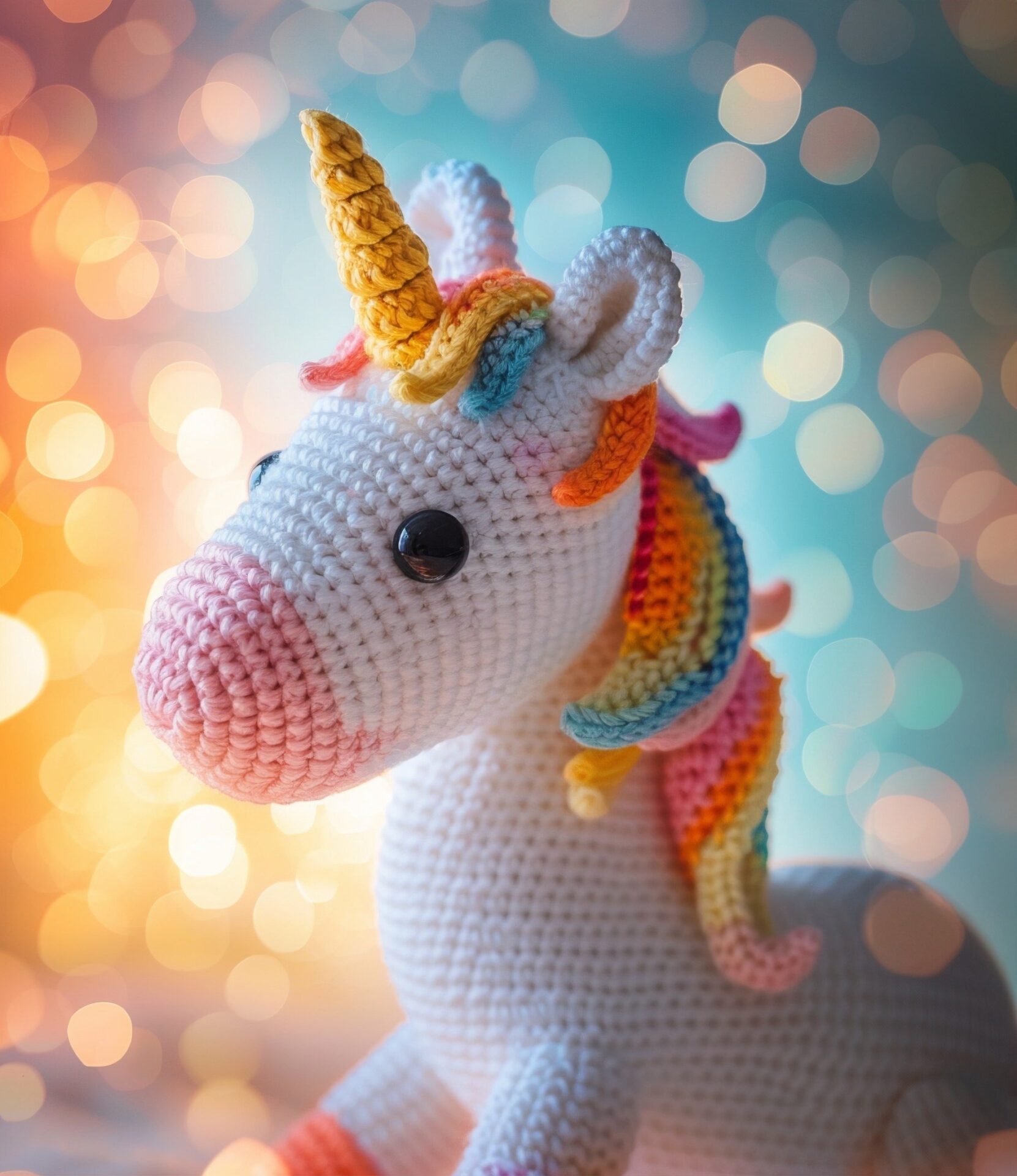 Ein weißes Häkel-Einhorn mit gelbem Horn, bunter Mähne und pinkfarbener Schnauze vor unscharfen bunten Lichtern