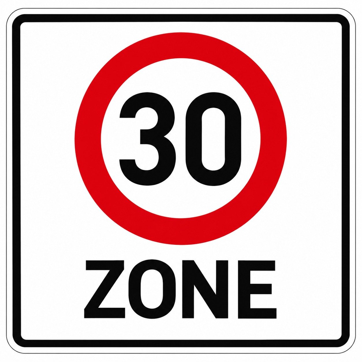 Verkehrsschild für Tempo-30-Zone mit rotem Kreis, schwarzer Zahl 30 und dem schwarzen Wort ZONE auf weißem Grund