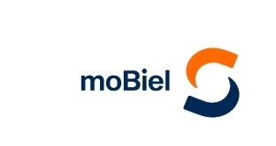 Logo der Marke moBiel mit dunkelblauem Schriftzug und zwei ineinandergreifenden orange-blauen Formen