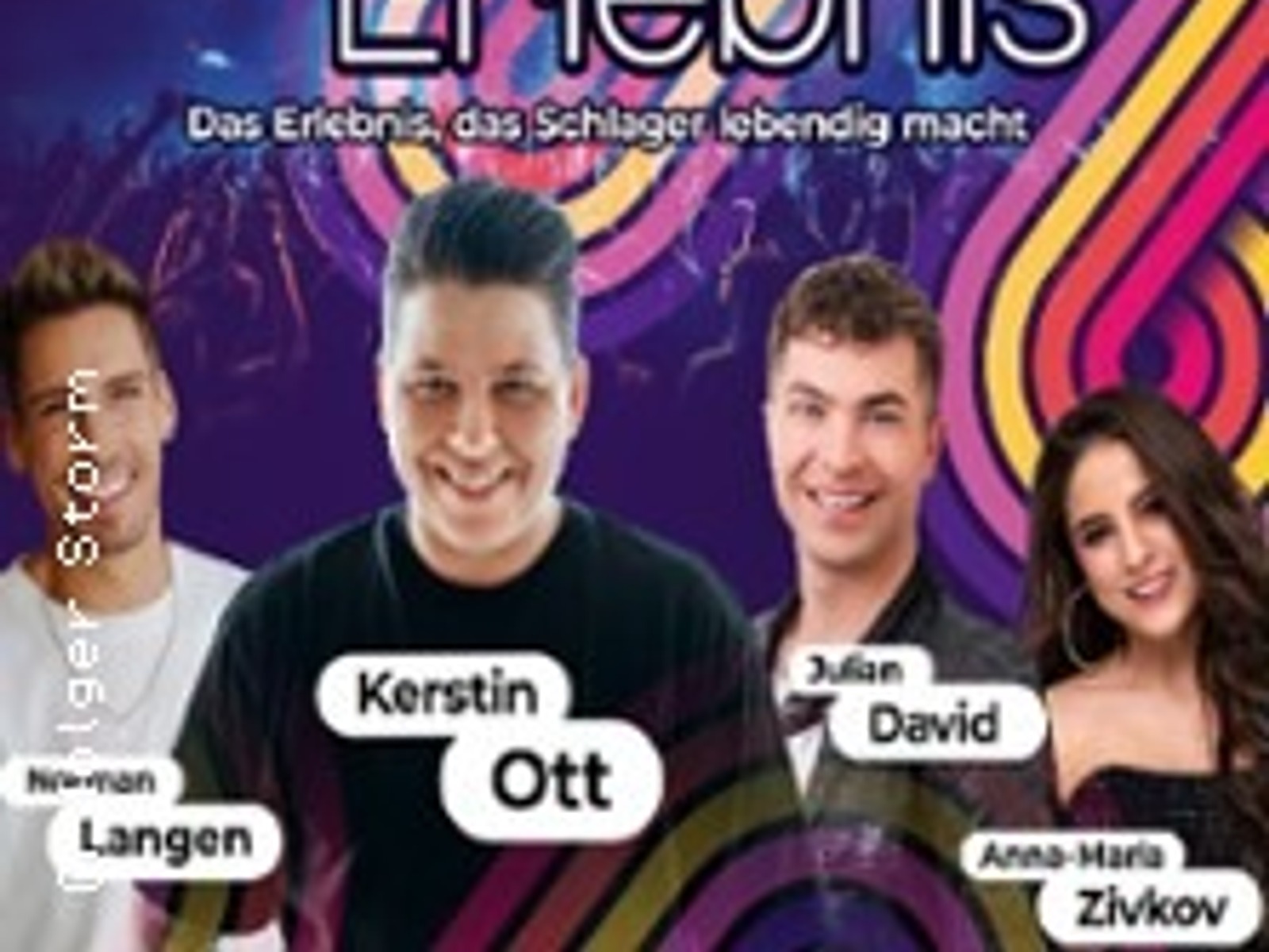 Promotional-Poster für das 'Schlager Erlebnis' mit den Sängern Kerstin Ott, Norman Langen, Julian David, Anna-Maria